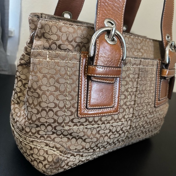 Coach Soho Handbag Small Shoulder Tote Bag Signature C Canvas Logo Brown Tan - Picture 2 of 16
